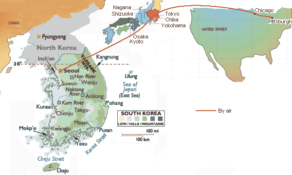 Map from Pittsburgh to Korea